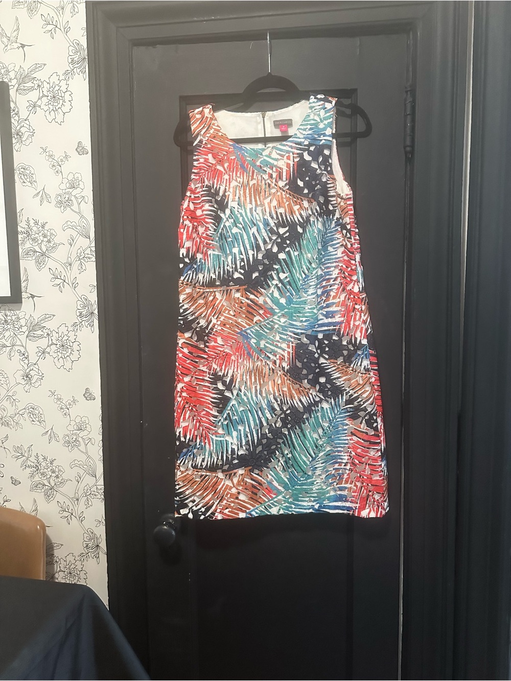 Vince Camuto Tropical Palm-Print Mini Dress in Red, Teal, Navy, Brown & White